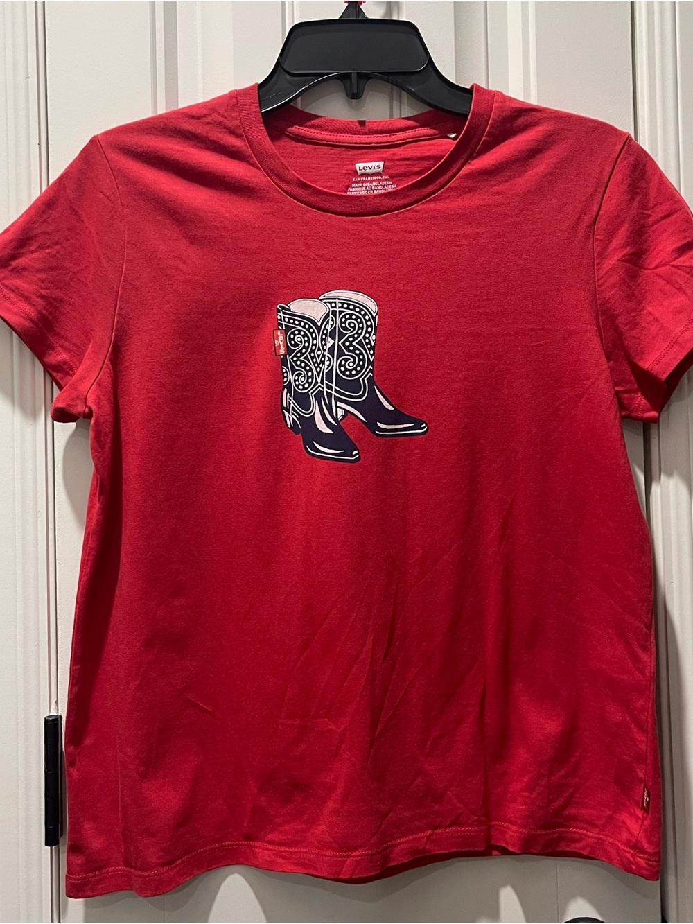 Levi's Women's Red Tee with Navy and White Cowboy Boot Graphic